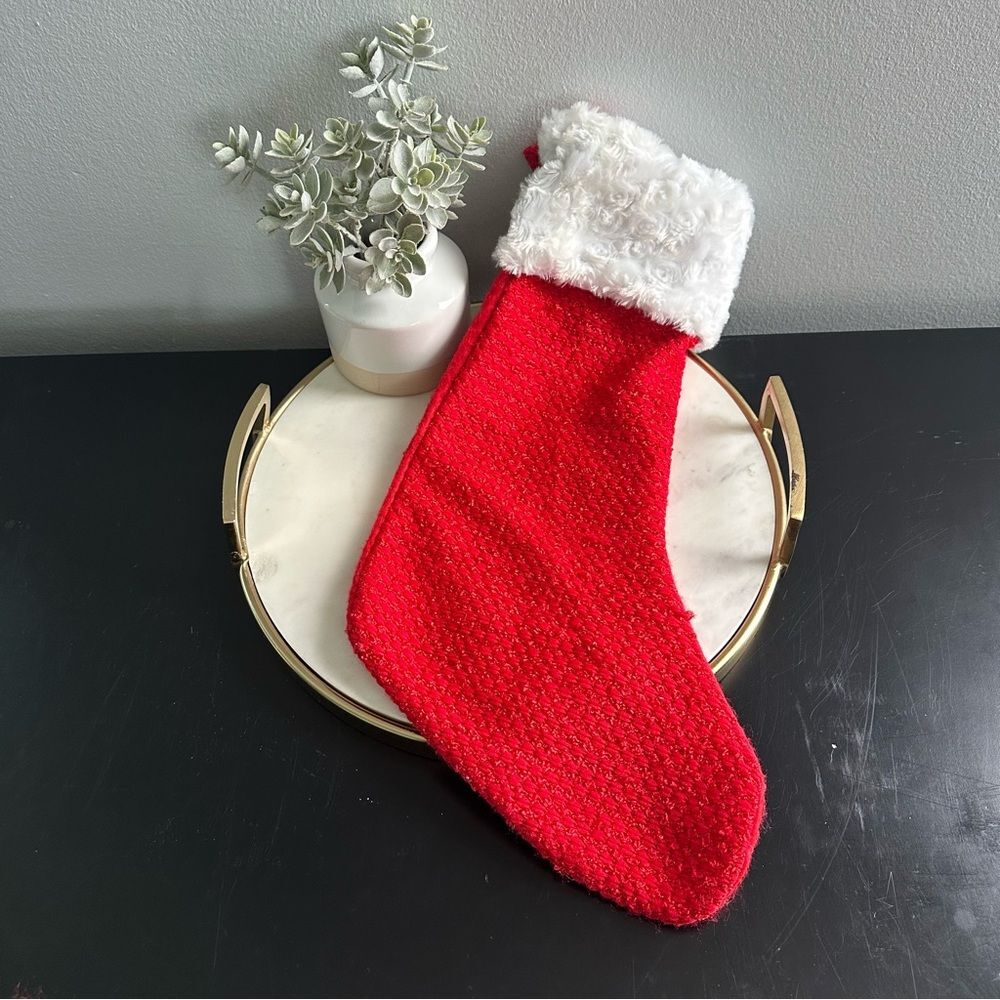 Classic Christmas Holiday Stocking w Swirled Sherpa Faux Fur Knitted Sock 18”